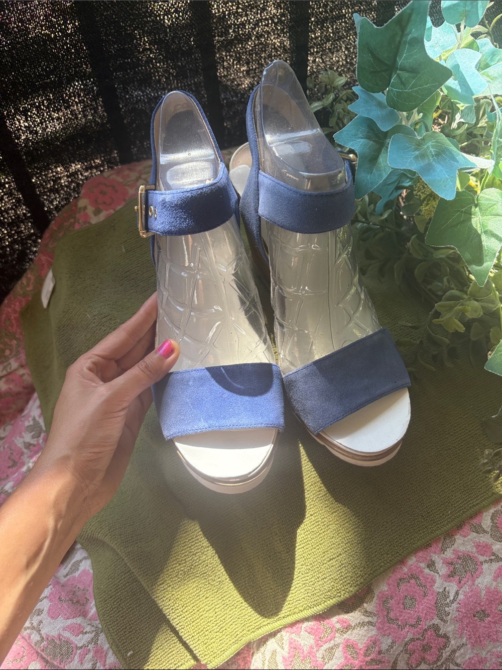 Nine West Blue Suede Ankle-Strap Wedges